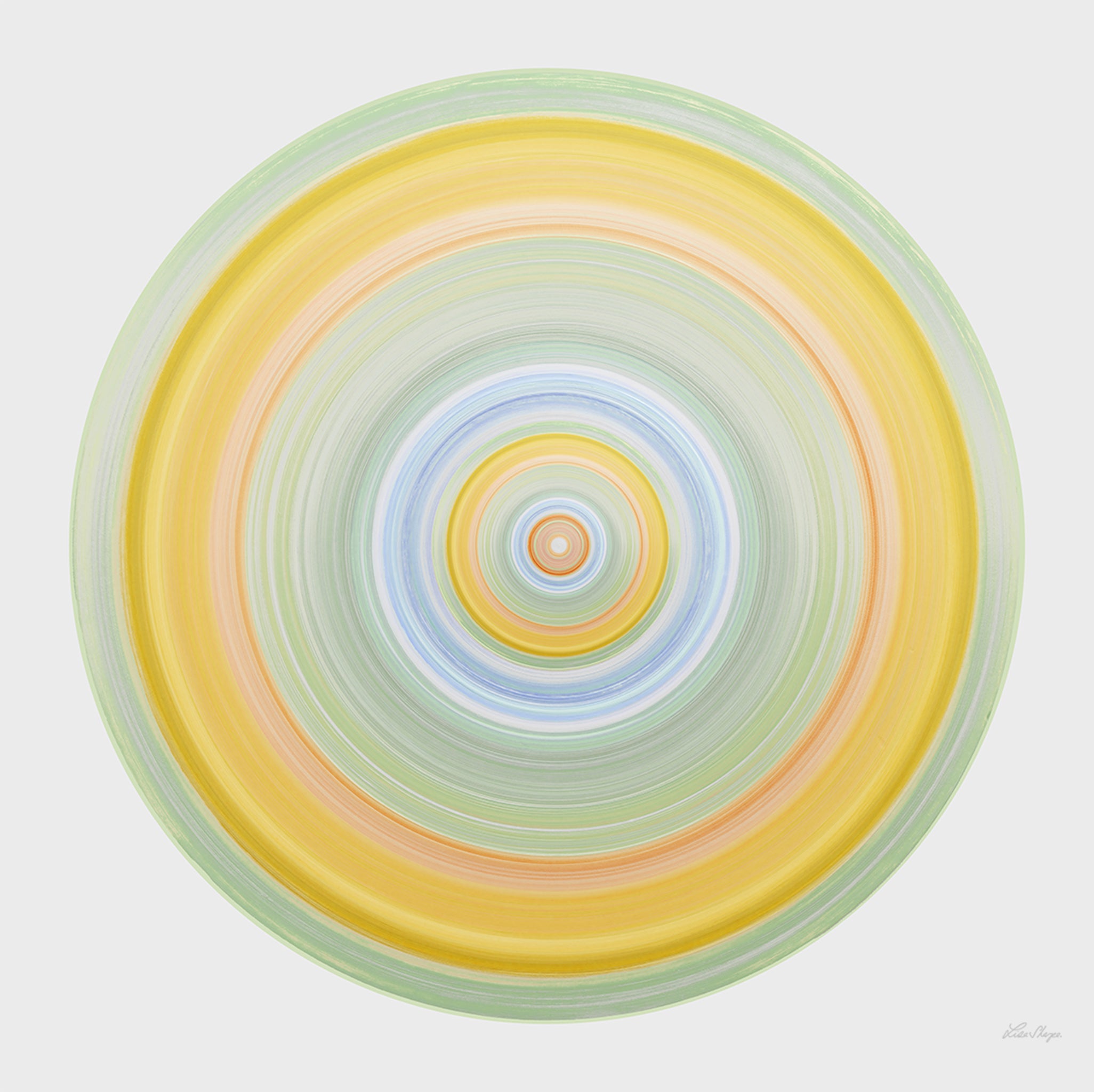 Nature-inspired circular artwork in green yellow and blue symbolising earth sun and water.
