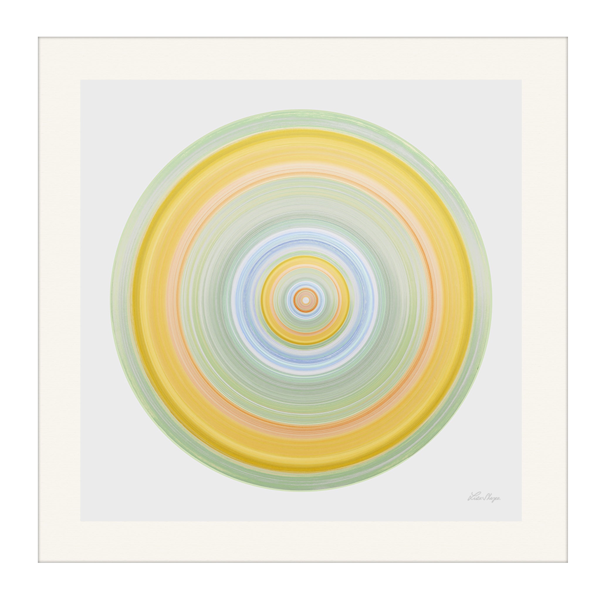 Circular high-vibrational artwork in soft greens, golden yellows and blues representing earth sun and water in a balanced nature-inspired portal painting by Lisa Sharpe.