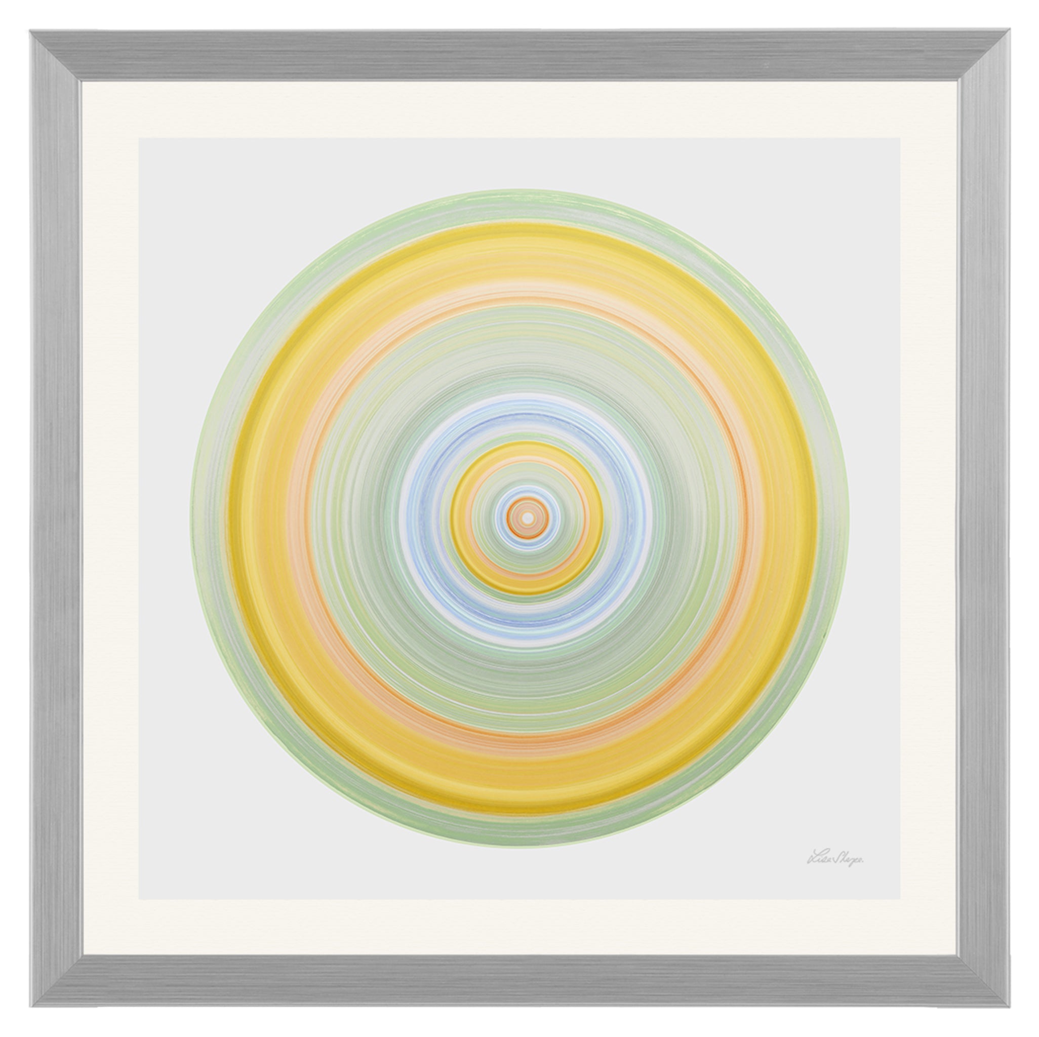 Nature-inspired circular artwork in green yellow and blue symbolising earth sun and water.