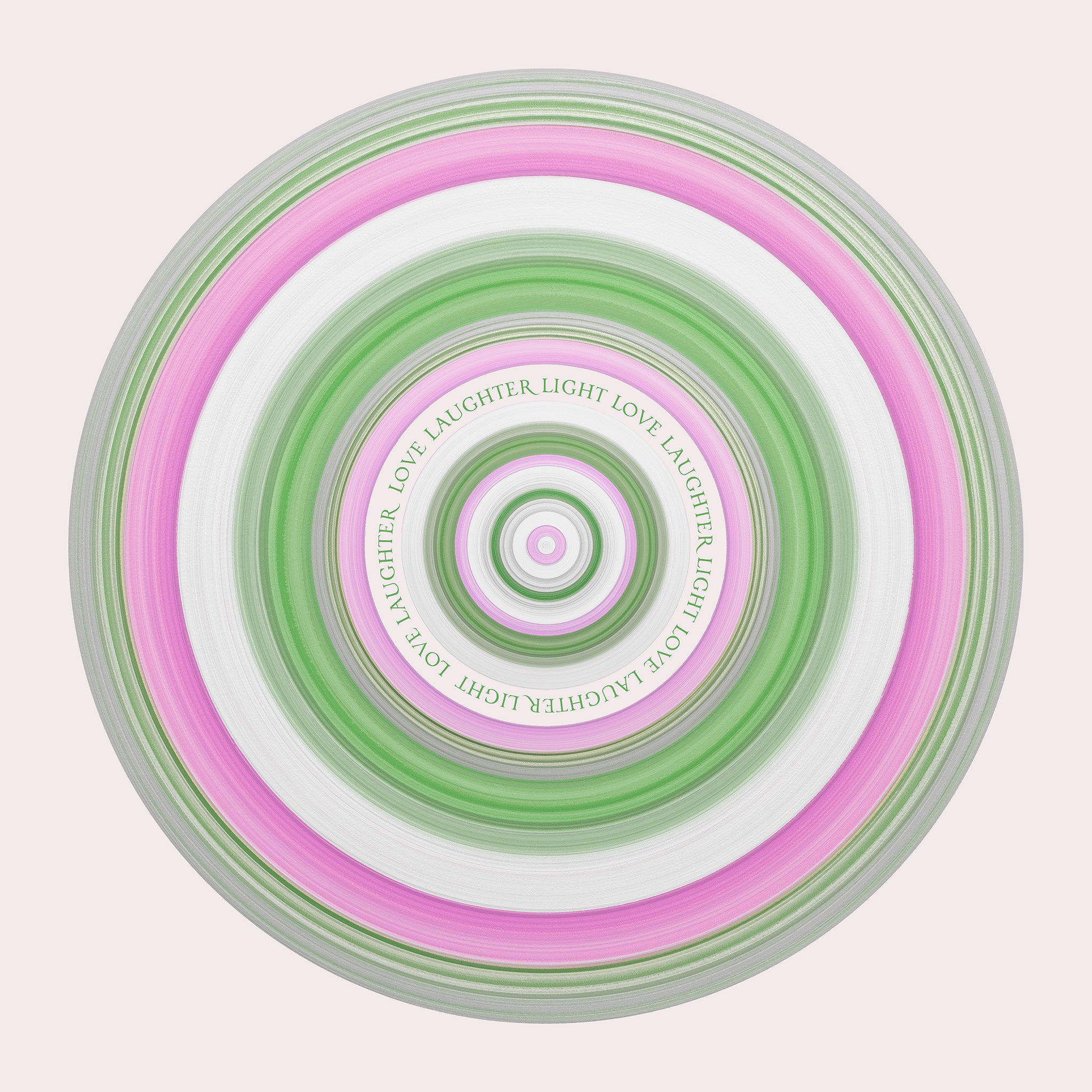 Soft green pink and white circular portal artwork with the words love laughter light repeating at the centre.