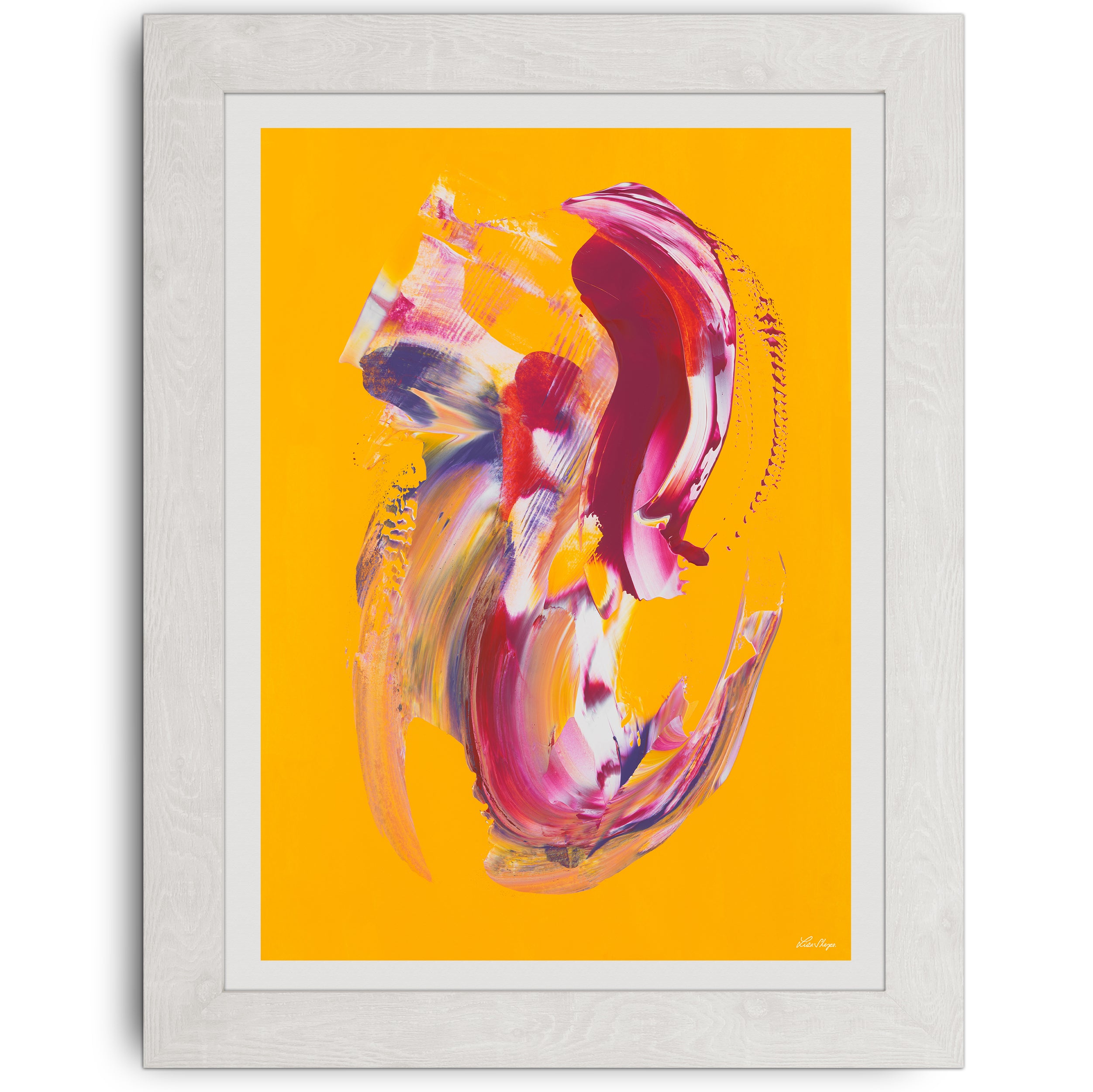 Abstract high-vibrational print with bright yellow background and angelic pink and red flowing strokes.