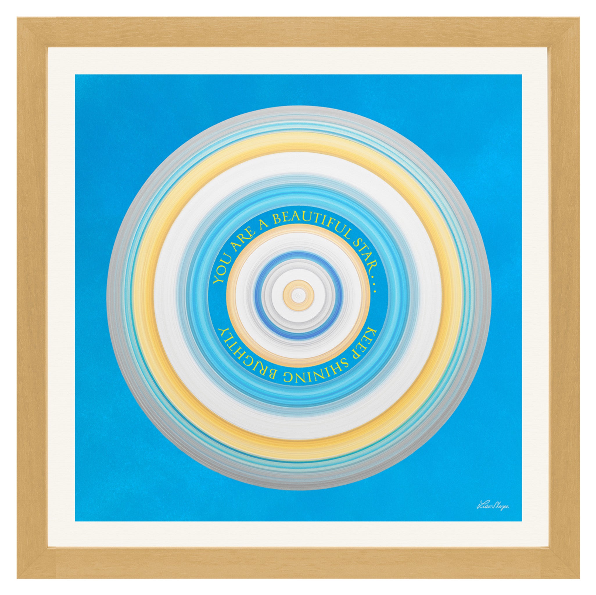 High-vibrational gift print with golden yellow and blue background saying You are a Beautiful Star Keep Shining Brightly created as an uplifting message for someone special.