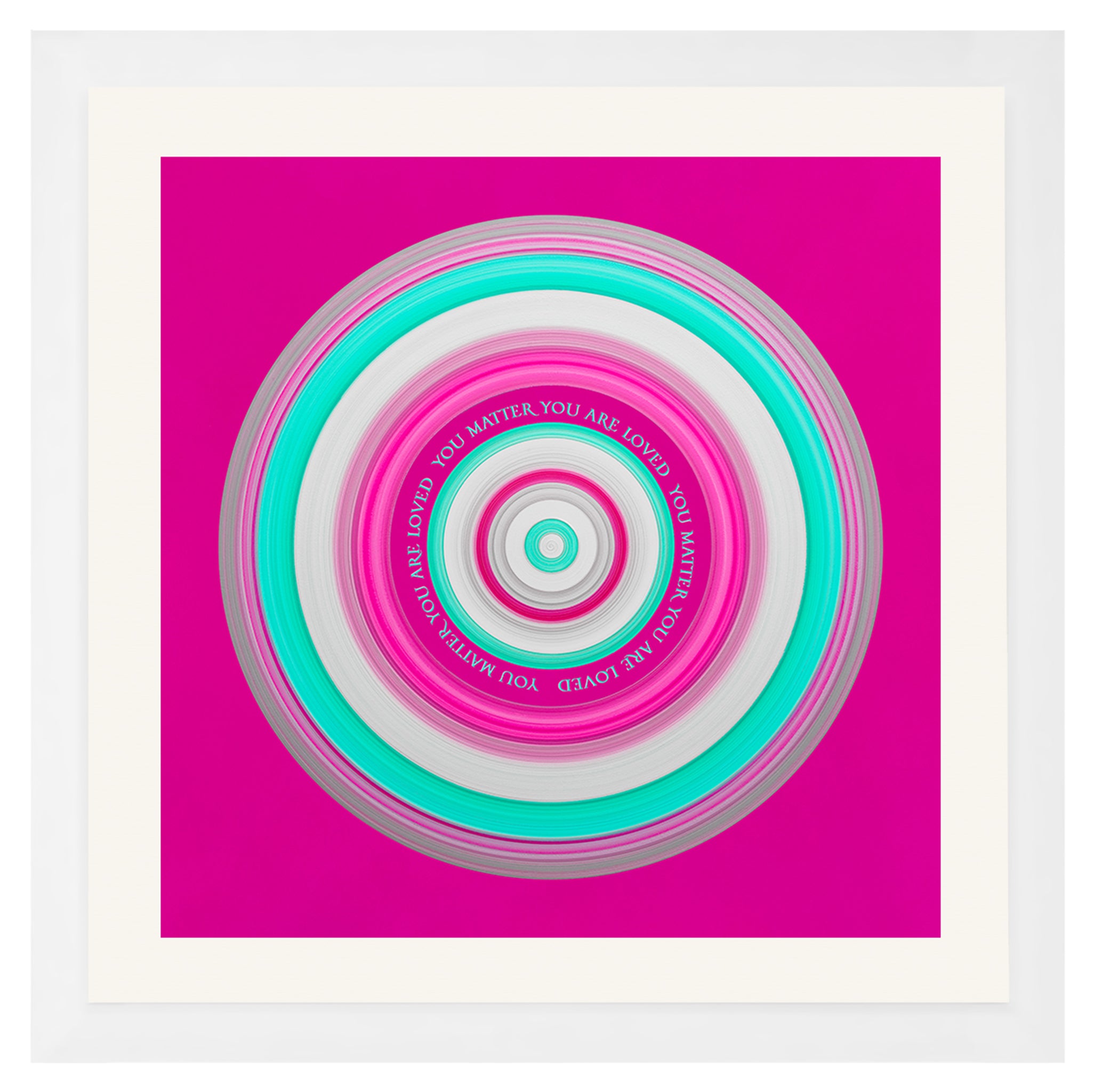 Bold pink and turquoise circular artwork with the message You Matter You Are Loved at its centre created by Lisa Sharpe.