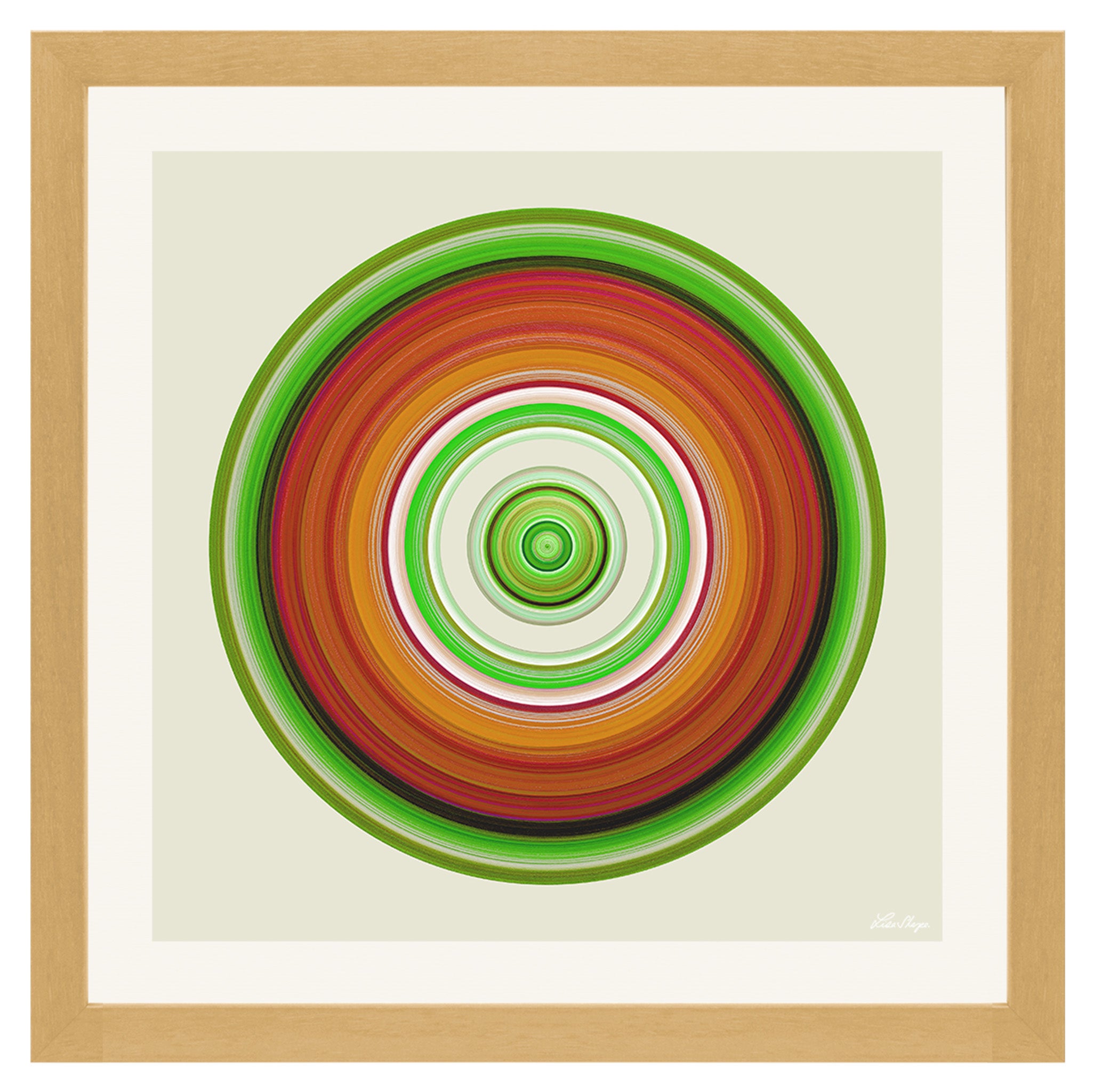 Earthy green orange and red circular artwork symbolising nature and grounding energy.