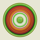 Circular artwork in deep greens earthy oranges reds and white bands representing nature cycles and grounding energy titled Earth Love Frequency by Lisa Sharpe.