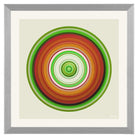 Grounding circular artwork in greens oranges and reds echoing nature cycles and the heartbeat of the earth.