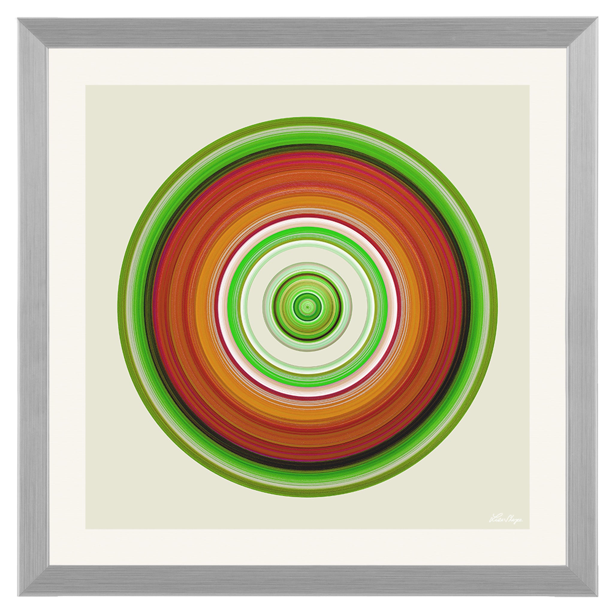 Grounding circular artwork in greens oranges and reds echoing nature cycles and the heartbeat of the earth.