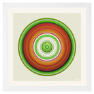 Circular artwork in deep greens earthy oranges reds and white bands representing nature cycles and grounding energy titled Earth Love Frequency by Lisa Sharpe.