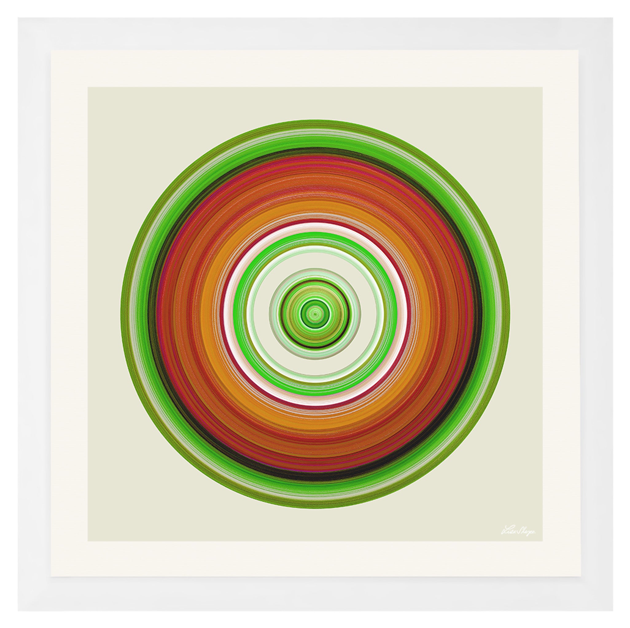 Circular artwork in deep greens earthy oranges reds and white bands representing nature cycles and grounding energy titled Earth Love Frequency by Lisa Sharpe.