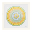 Circular high-vibrational artwork in soft greens, golden yellows and blues representing earth sun and water in a balanced nature-inspired portal painting by Lisa Sharpe.