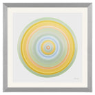 Nature-inspired circular artwork in green yellow and blue symbolising earth sun and water.