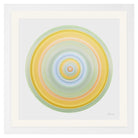 Circular high-vibrational artwork in soft greens, golden yellows and blues representing earth sun and water in a balanced nature-inspired portal painting by Lisa Sharpe.