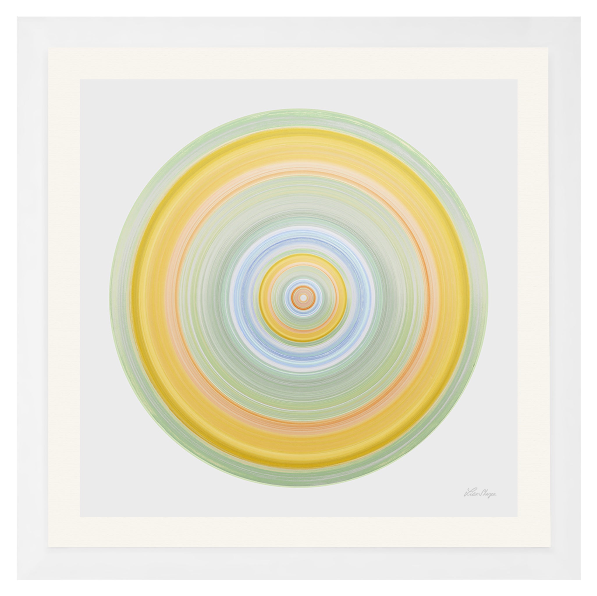 Circular high-vibrational artwork in soft greens, golden yellows and blues representing earth sun and water in a balanced nature-inspired portal painting by Lisa Sharpe.