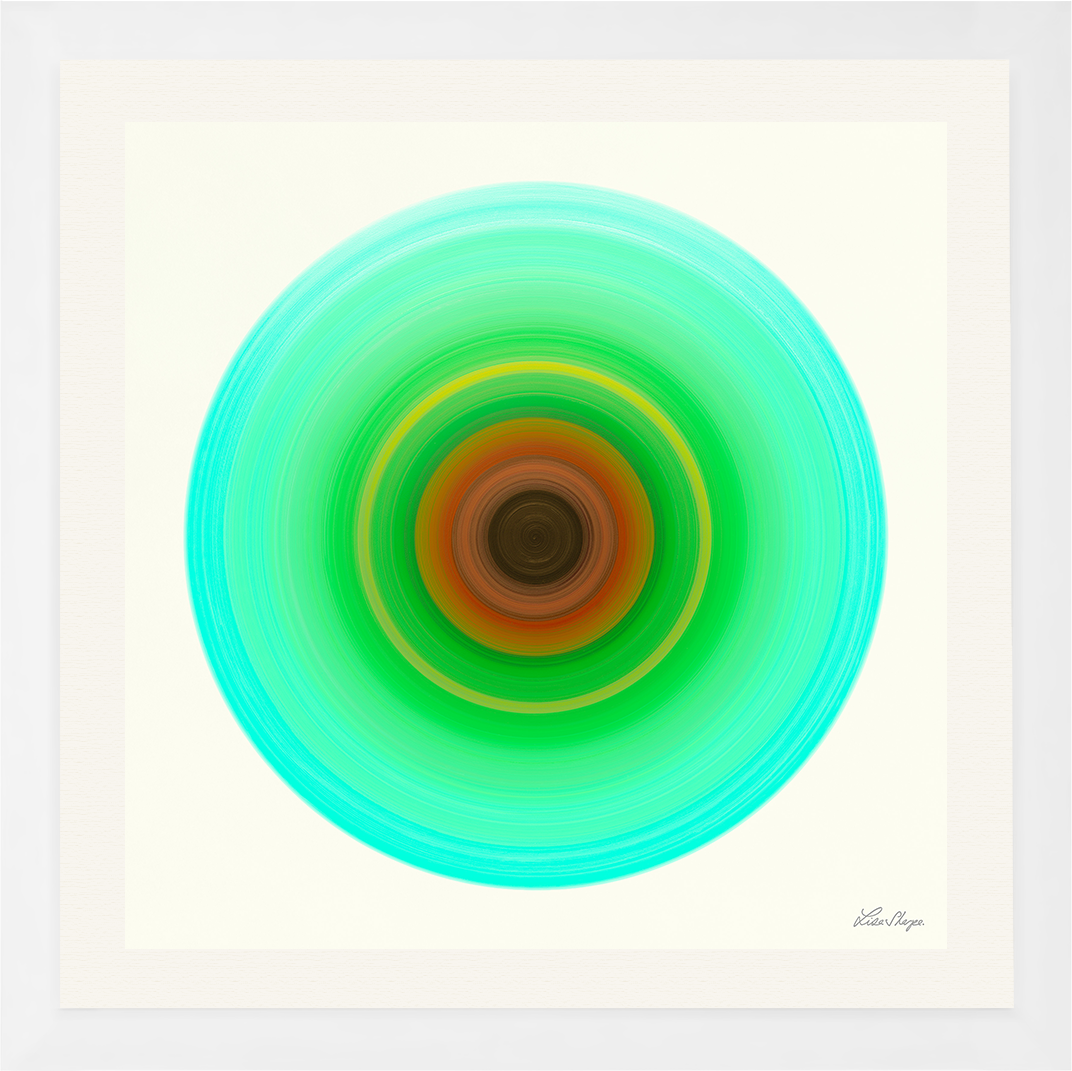 Keep Shining Brightly, Aqua Light: circular portal print by Lisa Sharpe in aqua, green, gold and terracotta with white frame.