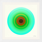 Keep Shining Brightly, Aqua Light: circular portal print by Lisa Sharpe in aqua, green, gold and terracotta with white frame.