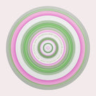 Soft green pink and white circular portal artwork with the words love laughter light repeating at the centre.