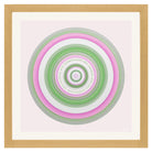 Framed artwork with concentric circular design in green, pink, and white on a light background
