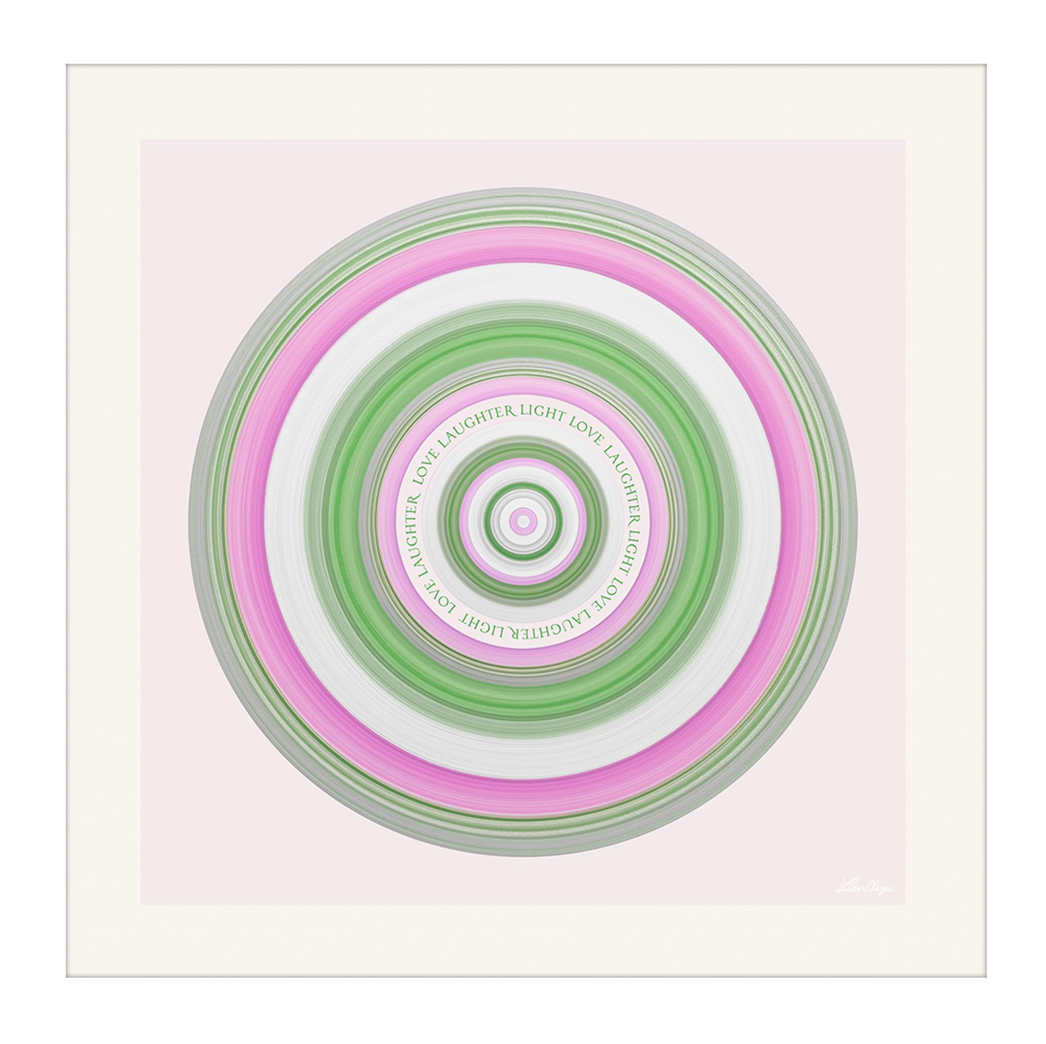 Green pink and white circular artwork with love laughter light at the centre.