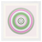 Circular artwork with concentric rings of pink, green, and white on a light background