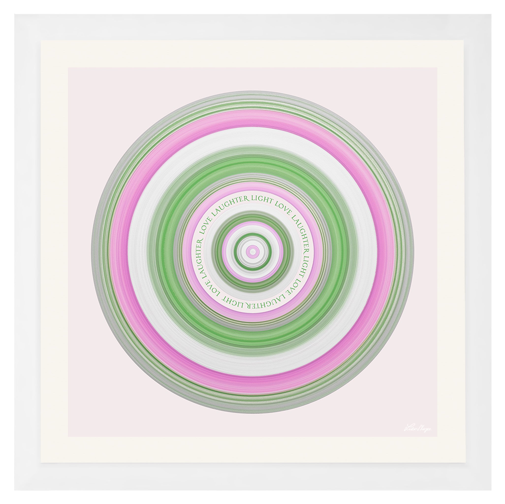 Circular artwork with concentric rings of pink, green, and white on a light background