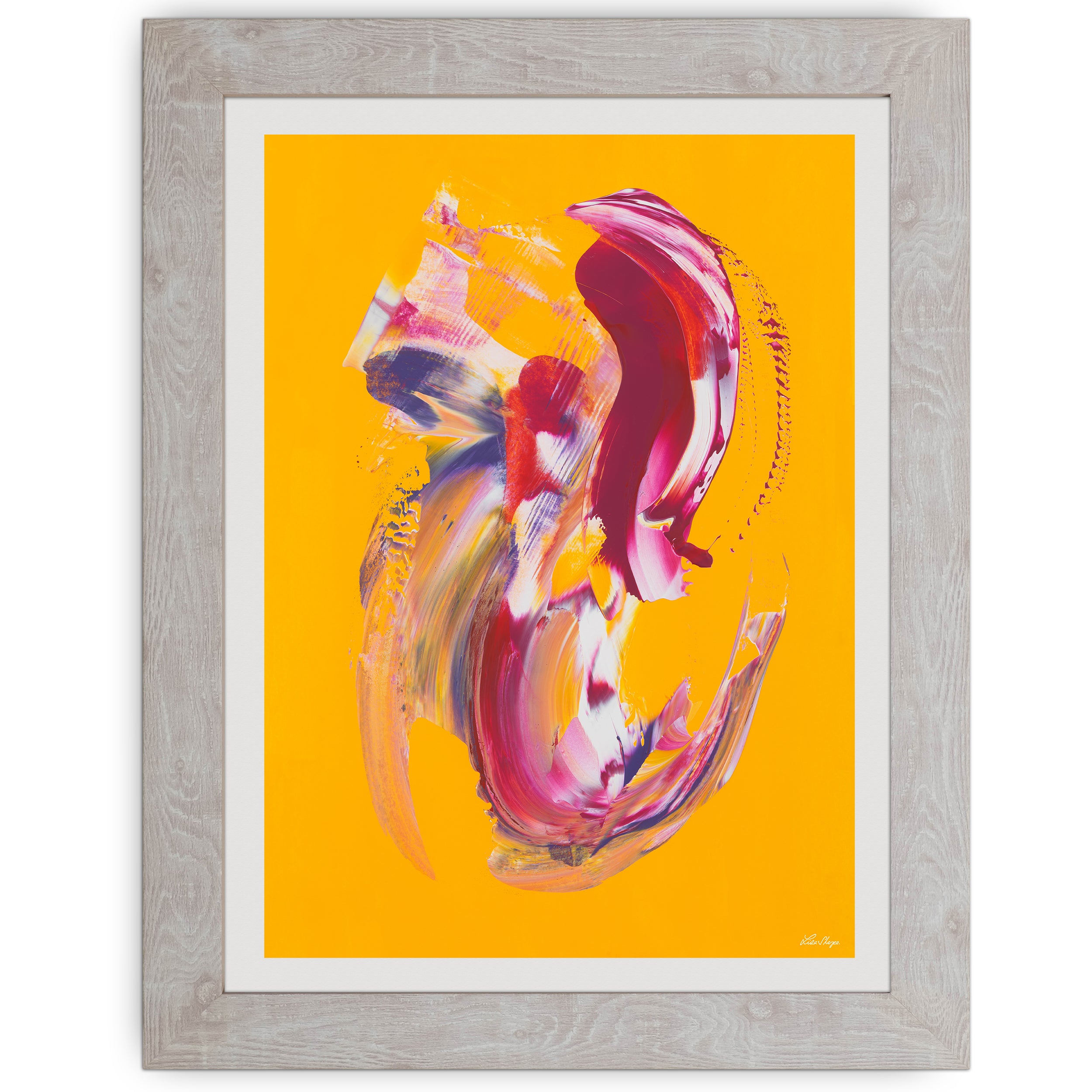 Radiant yellow abstract artwork with soft angel-wing brushstrokes in pink red and white symbolising warmth light and uplifting energy.
