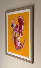 High-vibrational abstract artwork with vivid yellow background and sweeping pink red and white brushstrokes suggesting angelic wings and radiant sunshine energy.