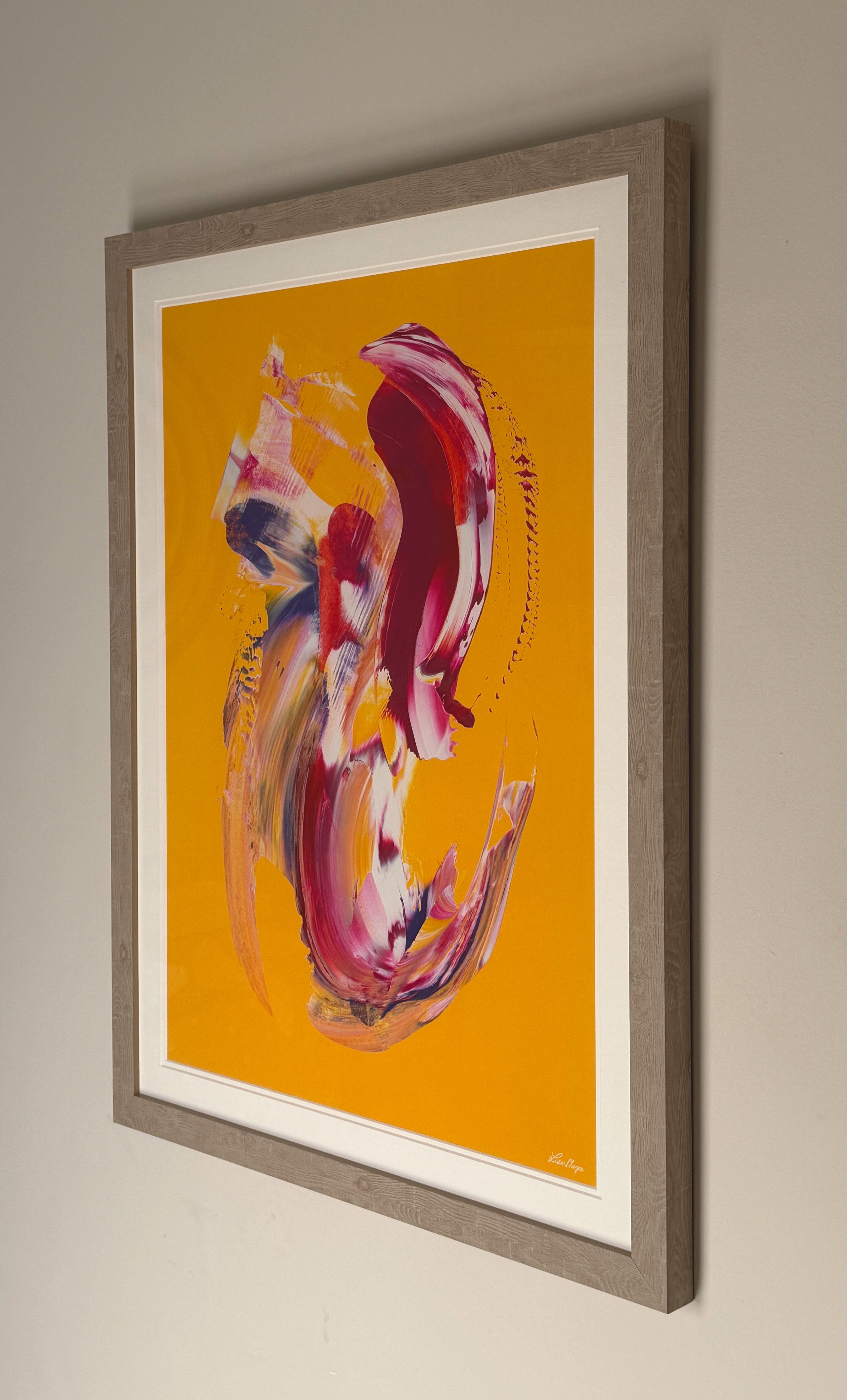 High-vibrational abstract artwork with vivid yellow background and sweeping pink red and white brushstrokes suggesting angelic wings and radiant sunshine energy.