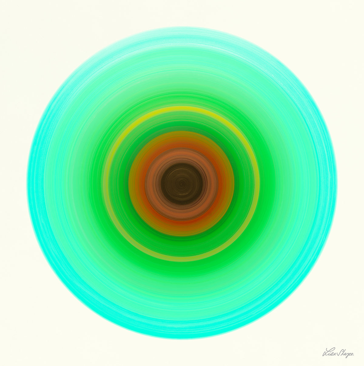 Keep Shining Brightly, Aqua Light: circular portal print by Lisa Sharpe in aqua, green, gold and terracotta